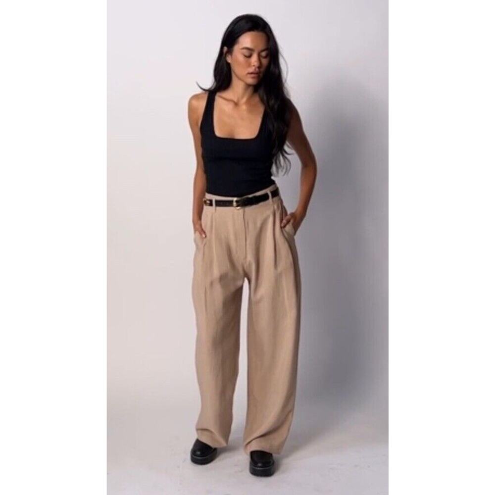 Nation Ltd Del Pants Rayon/Linen Tan Pants, Vintage Cut Wide Leg High Waist Sz M - Picture 7 of 16